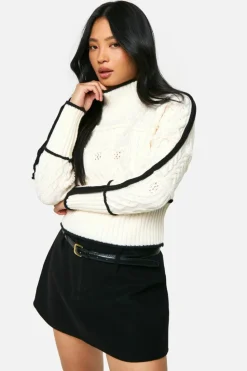 Jumpers|Jumpers & Cardigans*boohoo Petite Cable Knit Contrast Detail High Neck Jumper cream