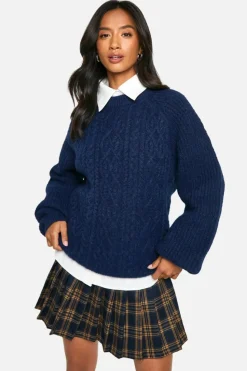 Oversized Jumpers|Jumpers*boohoo Petite Cable Knit Oversized Crew Neck Jumper navy
