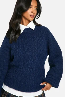 Oversized Jumpers|Jumpers*boohoo Petite Cable Knit Oversized Crew Neck Jumper navy