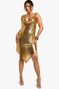 Midi Dresses*boohoo Petite Chainmail Cowl Neck Midi Dress gold