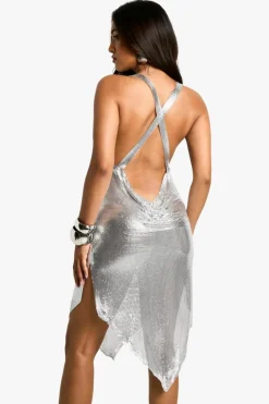 Midi Dresses*boohoo Petite Chainmail Cowl Neck Midi Dress silver