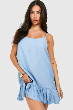 Smock Dresses*boohoo Petite Chambray Strappy Ruffle Hem Swing Dress blue