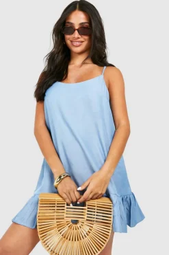 Smock Dresses*boohoo Petite Chambray Strappy Ruffle Hem Swing Dress blue