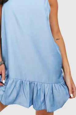 Smock Dresses*boohoo Petite Chambray Strappy Ruffle Hem Swing Dress blue