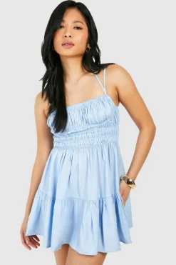 Smock Dresses*boohoo Petite Chambray Strappy Shirred Mini Dress blue