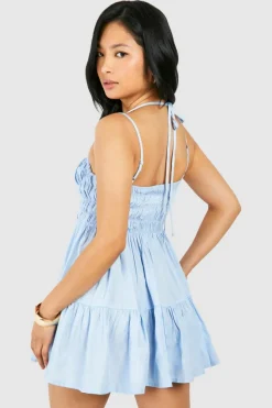 Smock Dresses*boohoo Petite Chambray Strappy Shirred Mini Dress blue
