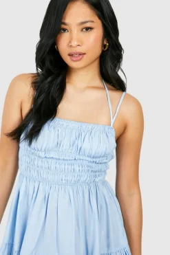 Smock Dresses*boohoo Petite Chambray Strappy Shirred Mini Dress blue