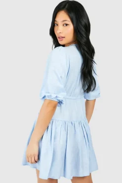 Smock Dresses*boohoo Petite Chambray Tie Front Tiered Mini Dress blue
