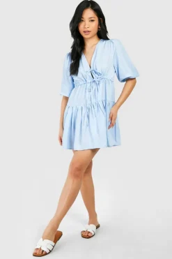 Smock Dresses*boohoo Petite Chambray Tie Front Tiered Mini Dress blue