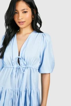 Smock Dresses*boohoo Petite Chambray Tie Front Tiered Mini Dress blue