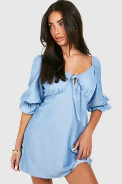 Smock Dresses*boohoo Petite Chambray Tie Front Mini Dress blue