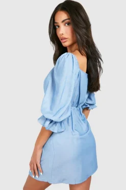 Smock Dresses*boohoo Petite Chambray Tie Front Mini Dress blue