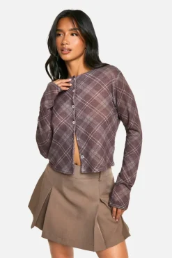 Cardigans*boohoo Petite Check High Neck Cardigan brown