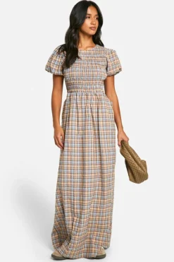 Skater Dresses*boohoo Petite Check Volume Sleeve Pock Detail Maxi Dress blue
