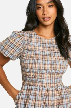 Skater Dresses*boohoo Petite Check Volume Sleeve Pock Detail Maxi Dress blue