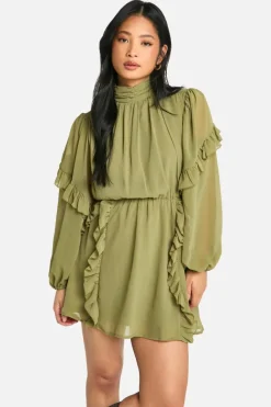 Skater Dresses*boohoo Petite Chiffon High Neck Ruffle Skater Dress olive