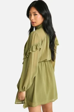 Skater Dresses*boohoo Petite Chiffon High Neck Ruffle Skater Dress olive