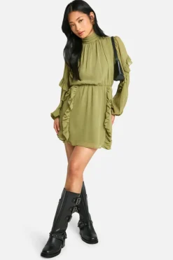 Skater Dresses*boohoo Petite Chiffon High Neck Ruffle Skater Dress olive