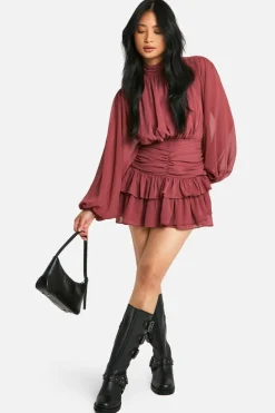 Skater Dresses*boohoo Petite Chiffon High Neck Ruched Skater Dress blush