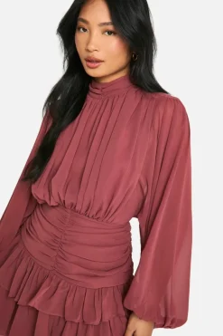Skater Dresses*boohoo Petite Chiffon High Neck Ruched Skater Dress blush