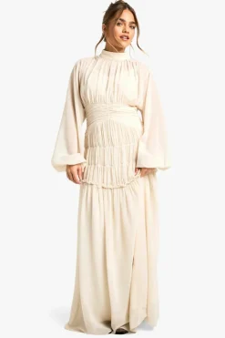 Maxi Dresses*boohoo Petite Chiffon High Neck Gathered Detail Maxi Dress ivory