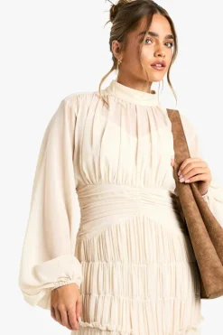 Maxi Dresses*boohoo Petite Chiffon High Neck Gathered Detail Maxi Dress ivory