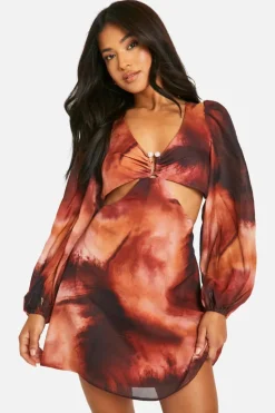 Skater Dresses*boohoo Petite Chiffon Print Trim Skater Dress tan