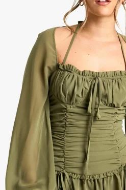 Skater Dresses*boohoo Petite Chiffon Ruched Milkmaid Skater Dress olive