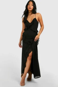 Maxi Dresses*boohoo Petite Chiffon Ruffle Maxi Dress black
