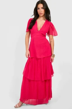 Smock Dresses*boohoo Petite Chiffon Ruffle Maxi Dress hot pink