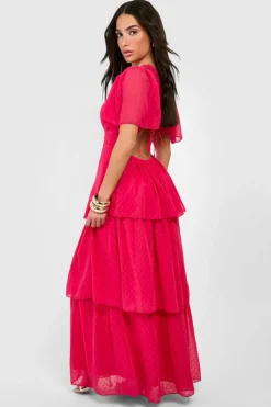 Smock Dresses*boohoo Petite Chiffon Ruffle Maxi Dress hot pink