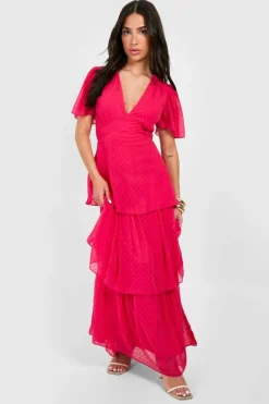 Smock Dresses*boohoo Petite Chiffon Ruffle Maxi Dress hot pink