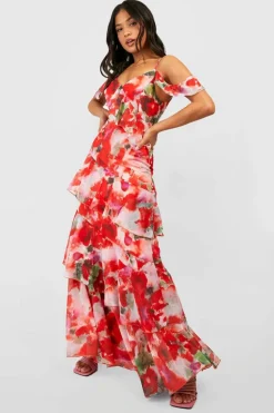 Maxi Dresses|Dresses*boohoo Petite Chiffon Tiered Ruffle Floral Maxi Dress pink
