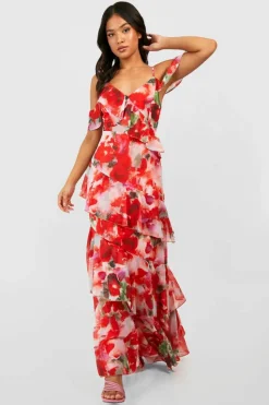 Maxi Dresses|Dresses*boohoo Petite Chiffon Tiered Ruffle Floral Maxi Dress pink