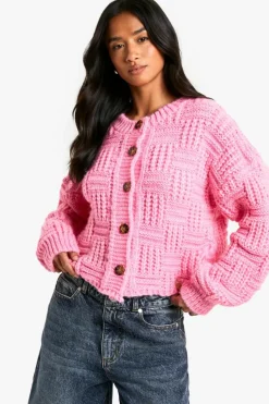 Cardigans|Knitwear*boohoo Petite Chunky Basket Stitch High Neck Knitted Cardigan pink