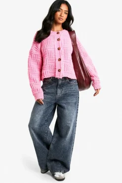 Cardigans|Knitwear*boohoo Petite Chunky Basket Stitch High Neck Knitted Cardigan pink