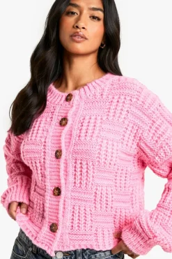 Cardigans|Knitwear*boohoo Petite Chunky Basket Stitch High Neck Knitted Cardigan pink