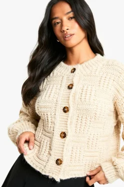 Cardigans*boohoo Petite Chunky Basket Stitch High Neck Knitted Cardigan stone