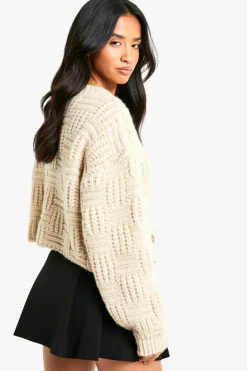 Cardigans*boohoo Petite Chunky Basket Stitch High Neck Knitted Cardigan stone
