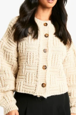 Cardigans*boohoo Petite Chunky Basket Stitch High Neck Knitted Cardigan stone
