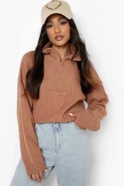 Jumpers|Up To 80% Off Winter Warmers*boohoo Petite Chunky Rib Half Zip Jumper camel