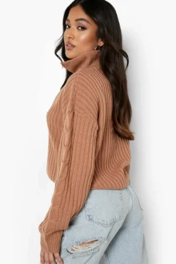 Jumpers|Up To 80% Off Winter Warmers*boohoo Petite Chunky Rib Half Zip Jumper camel