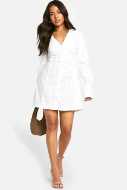 Shirt Dresses*boohoo Petite Cinched Shirt Dress white