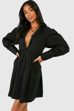 Smock Dresses*boohoo Petite Collared Cotton Swing Smock black