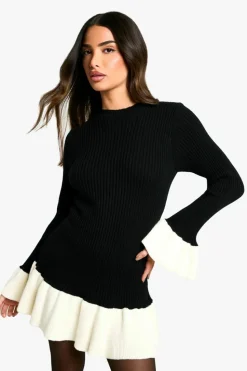 Jumper Dresses|Jumper Dresses*boohoo Petite Contrast Flare Sleeve Knitted Skater Dress black