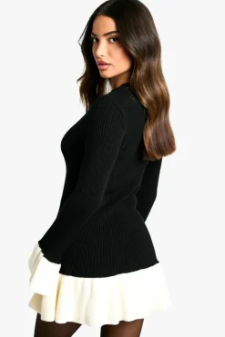 Jumper Dresses|Jumper Dresses*boohoo Petite Contrast Flare Sleeve Knitted Skater Dress black