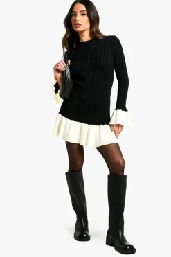 Jumper Dresses|Jumper Dresses*boohoo Petite Contrast Flare Sleeve Knitted Skater Dress black