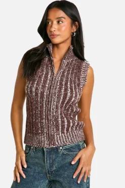 Cardigans*boohoo Petite Contrast Rib Sleeveless Zip Through Knitted Top chocolate