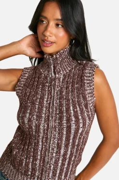 Cardigans*boohoo Petite Contrast Rib Sleeveless Zip Through Knitted Top chocolate