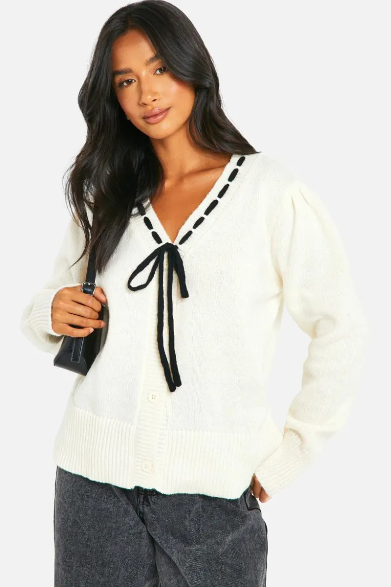 Cardigans|Knitwear*boohoo Petite Contrast Ribbon Knitted Cardigan ivory